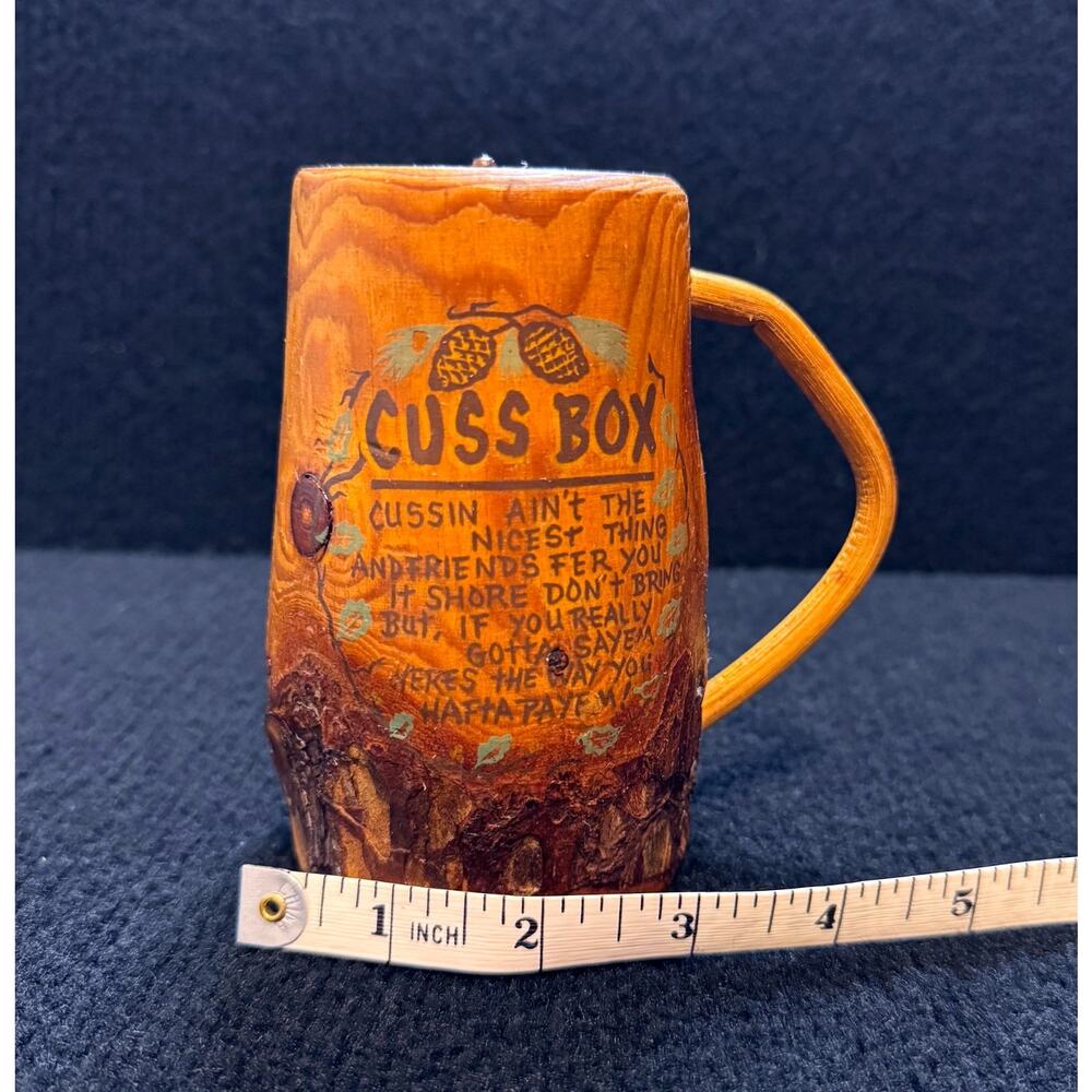 Vintage “Cuss Box” Wooden Mug – Rustic Folk Art Gag Gift / Swear Jar Humor 1970s